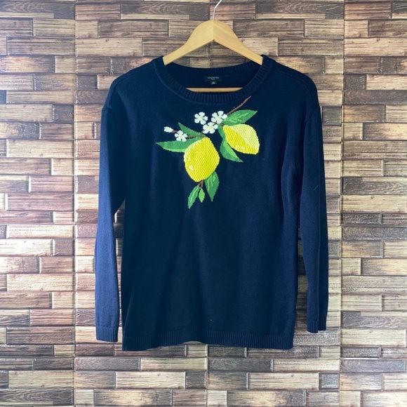 TALBOTS INDIGOO NAVY BLUE FRESH LEMONS INTARSIA SWEATER WOMENS SMALL PETITE - Picture 2 of 10